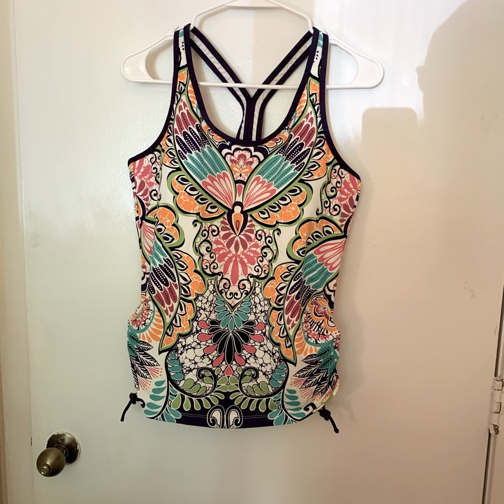 Athleta swim top tankini. Purple/turquoise/coral red. Large.